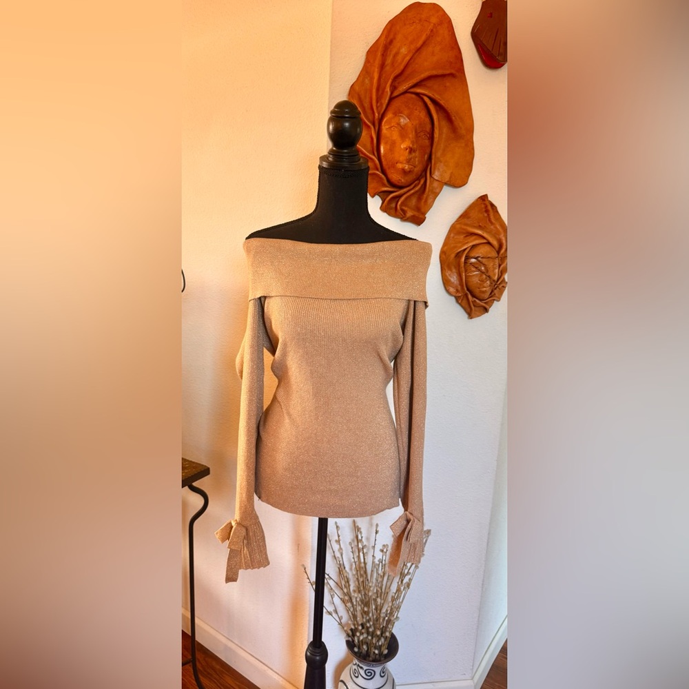 NWOT New York & Company Off-the-Shoulder Knit Sweater in Gold Metallic Size XL